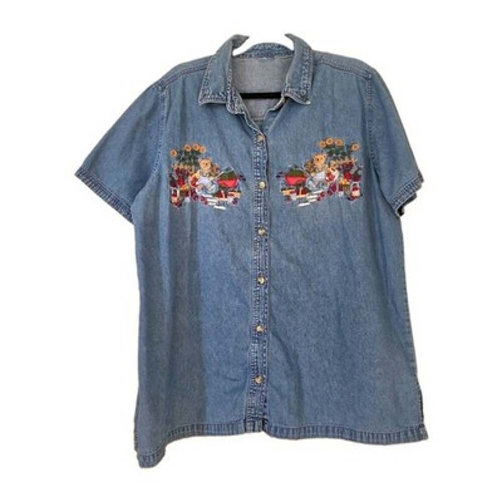 Vtg Embroidered Fall Teddy Bear Denim Top Womens XL Sunflowers Cottage Grandma